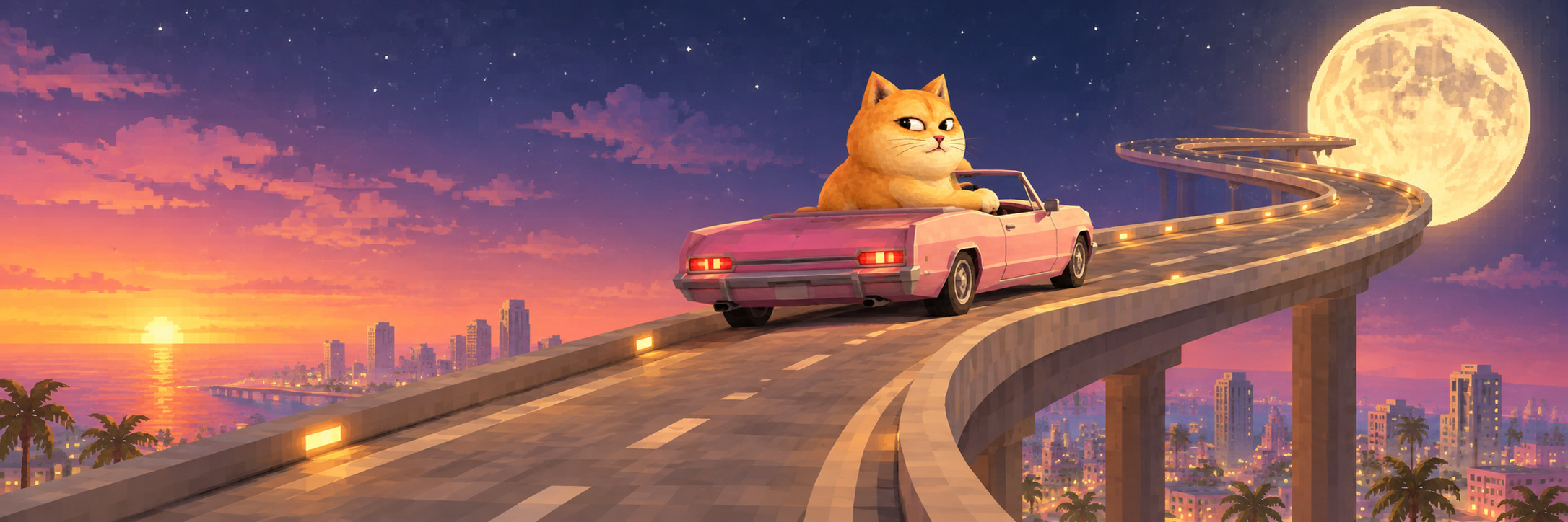 Doge Cat in a tiny convertible on a highway rising toward a giant moon