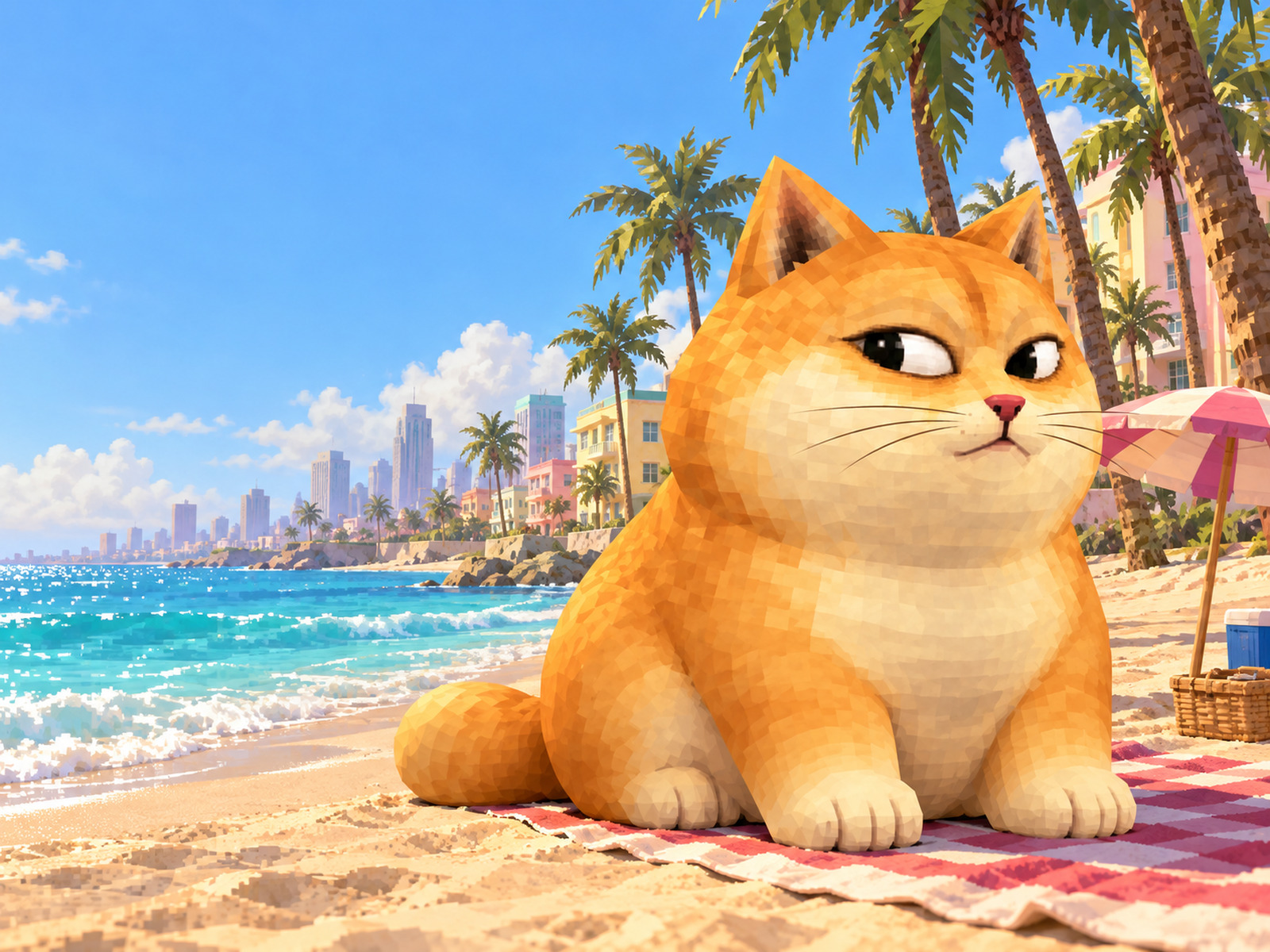 Doge Cat sitting on a towel at Meme Beach