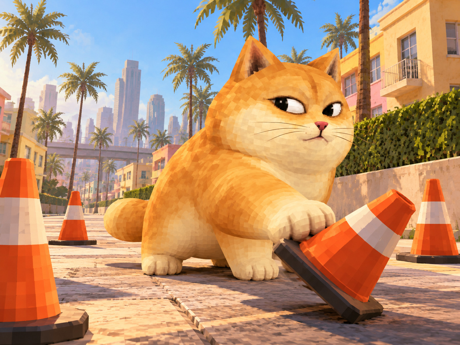 Doge Cat knocking over a traffic cone
