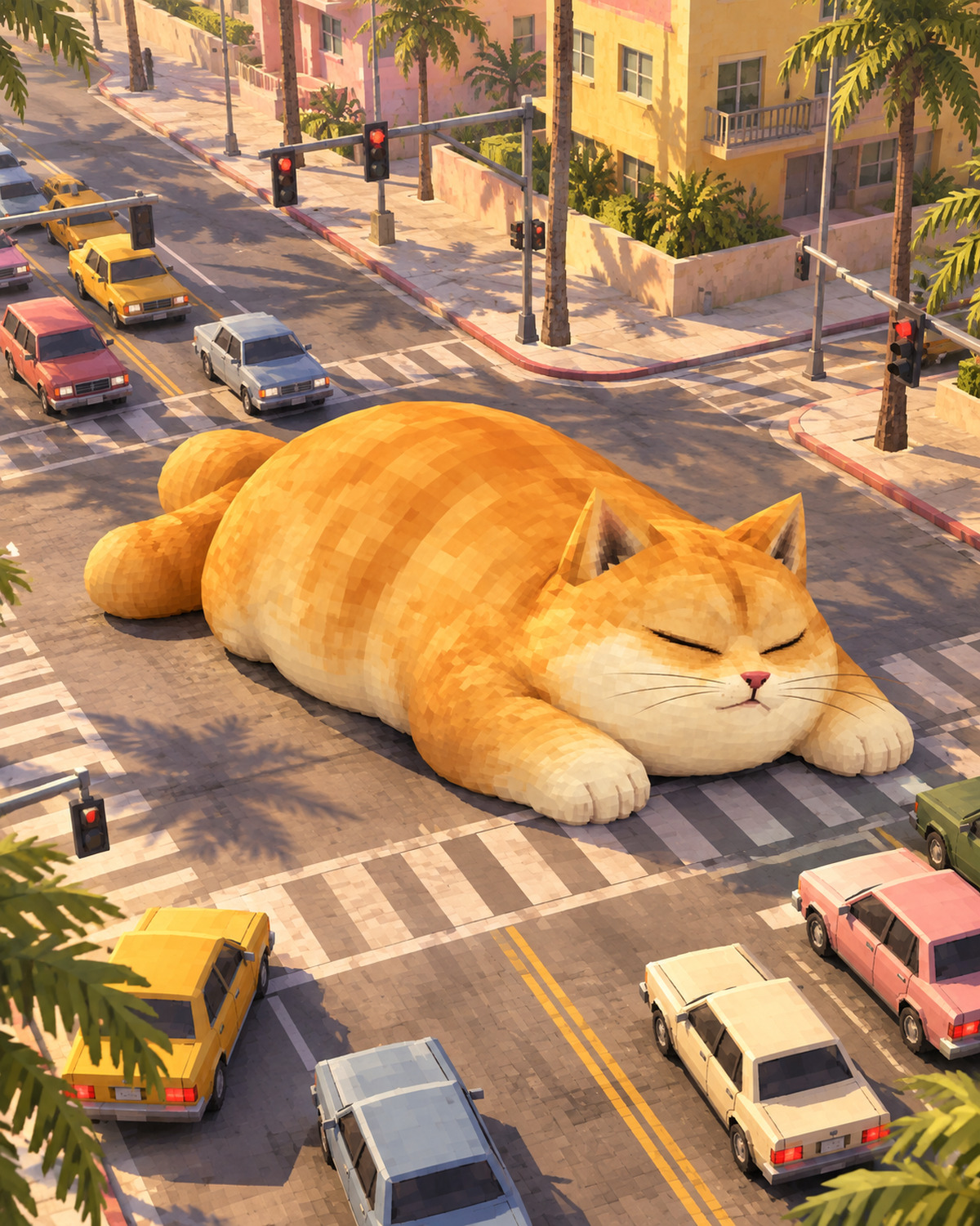 Doge Cat asleep in the middle of an intersection with cars queued around him