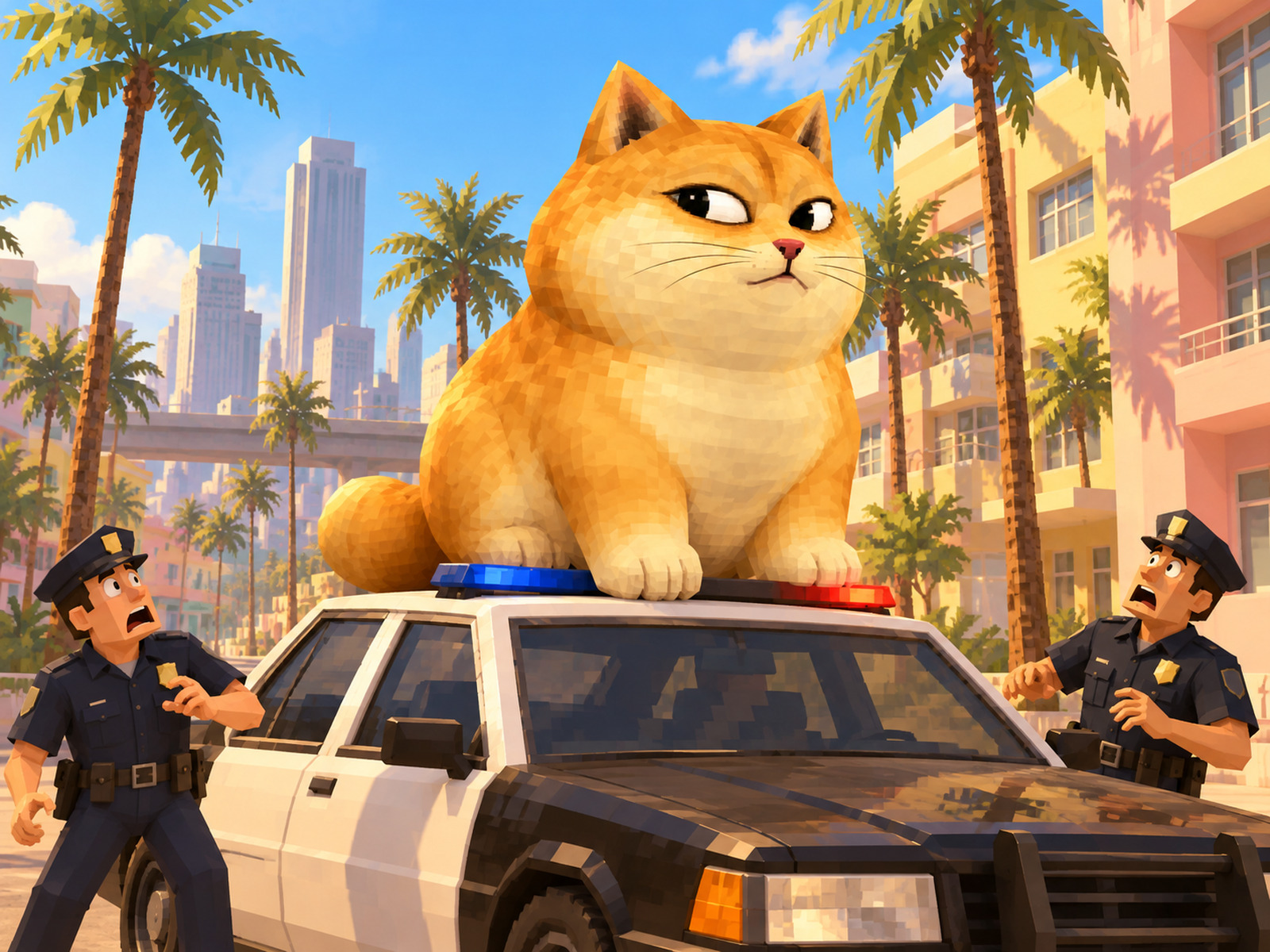 Doge Cat sitting on the roof of a police car while two officers stare