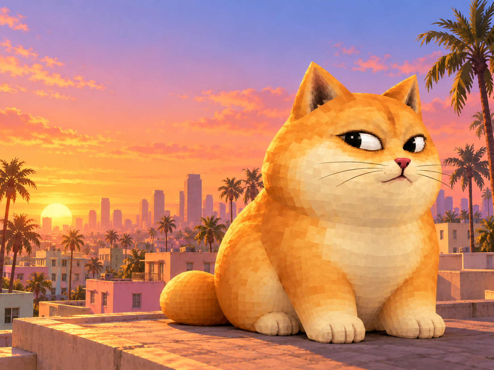 Doge Cat on a rooftop at sunset with the skyline behind