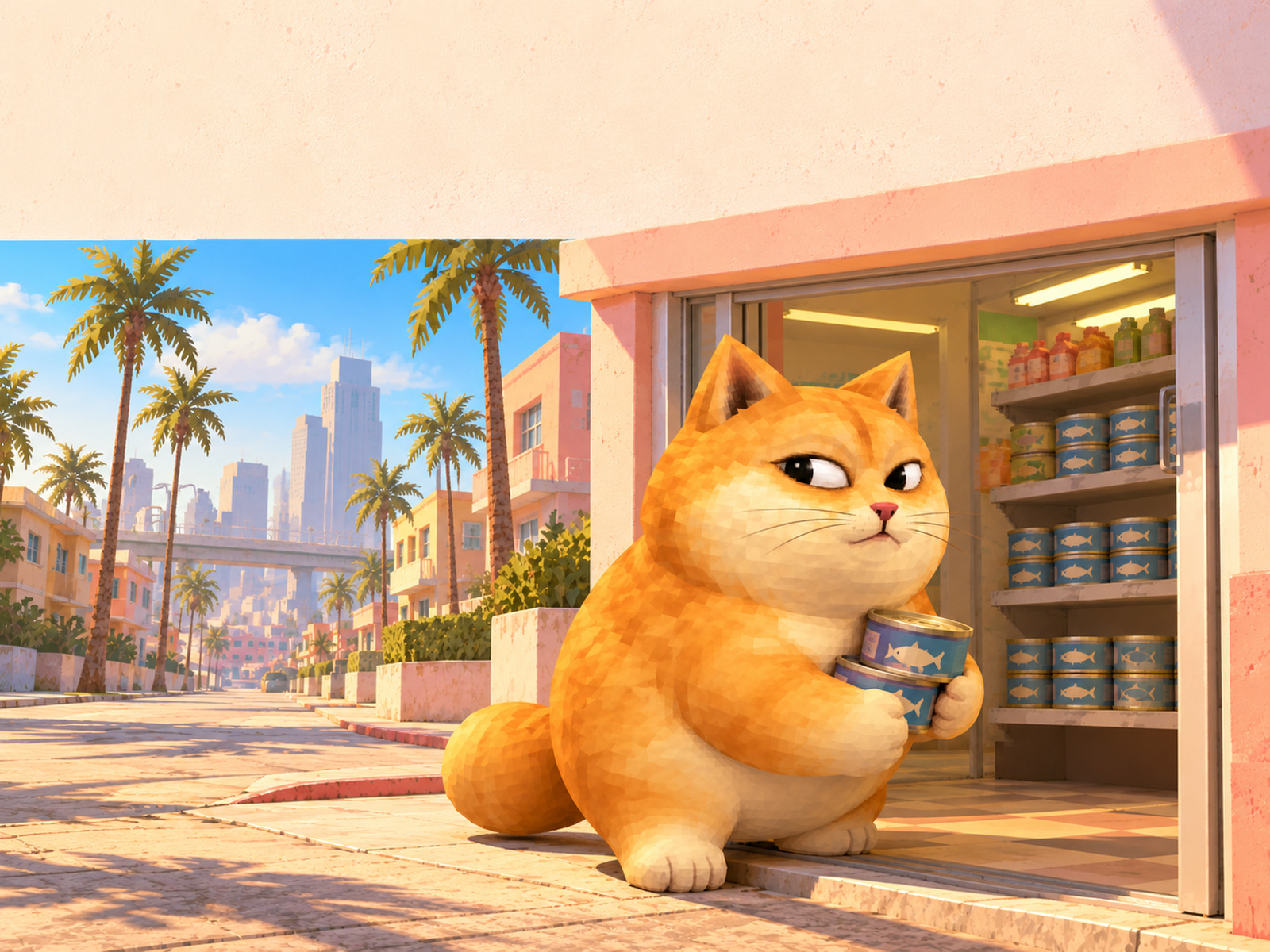 Doge Cat leaving a convenience store with a can of tuna