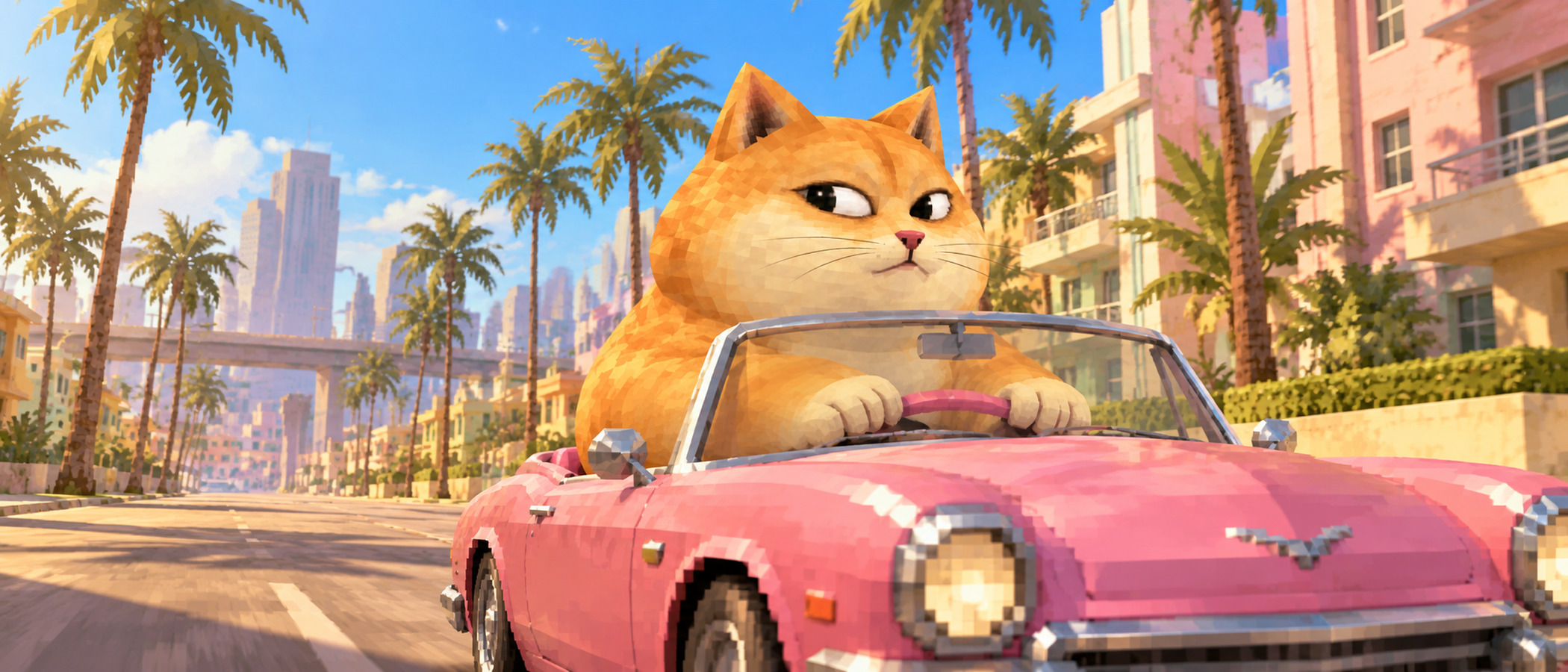 Doge Cat squeezed into a tiny pink convertible on the boulevard